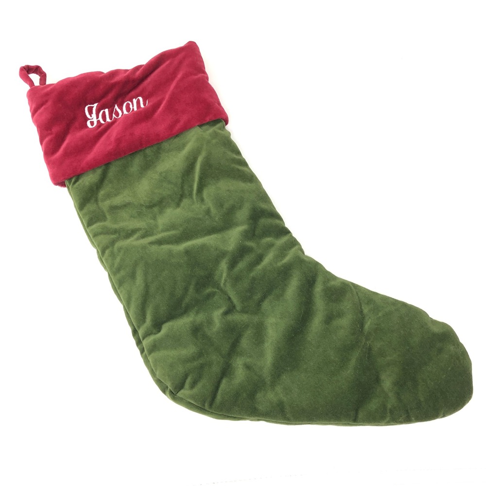 Pottery Barn Christmas Stocking Green Red Velvet Personalized Jason‎ Monogram